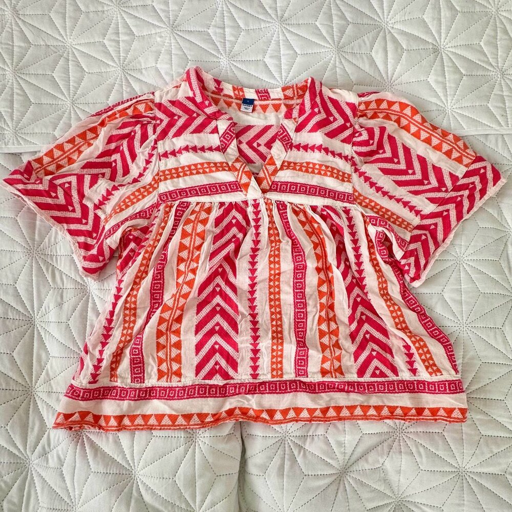 Old Navy Boho Peasant Top Large Pink Orange Geometric Babydoll Blouse